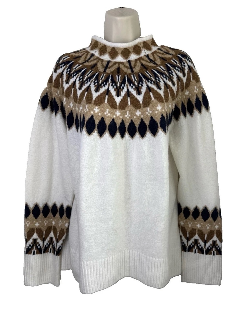 CeCe White Fair Isle Cowl Neck Sweater with Brown & Black Pattern